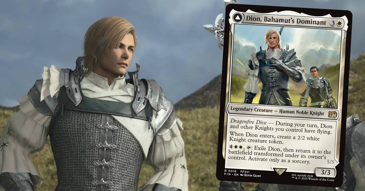 dion mtg card Magic The Gathering - Universes Beyond - Final Fantasy Dion and other Knights you control have flying Dion, Bahamut's Dominant/Bahamut, Warden of