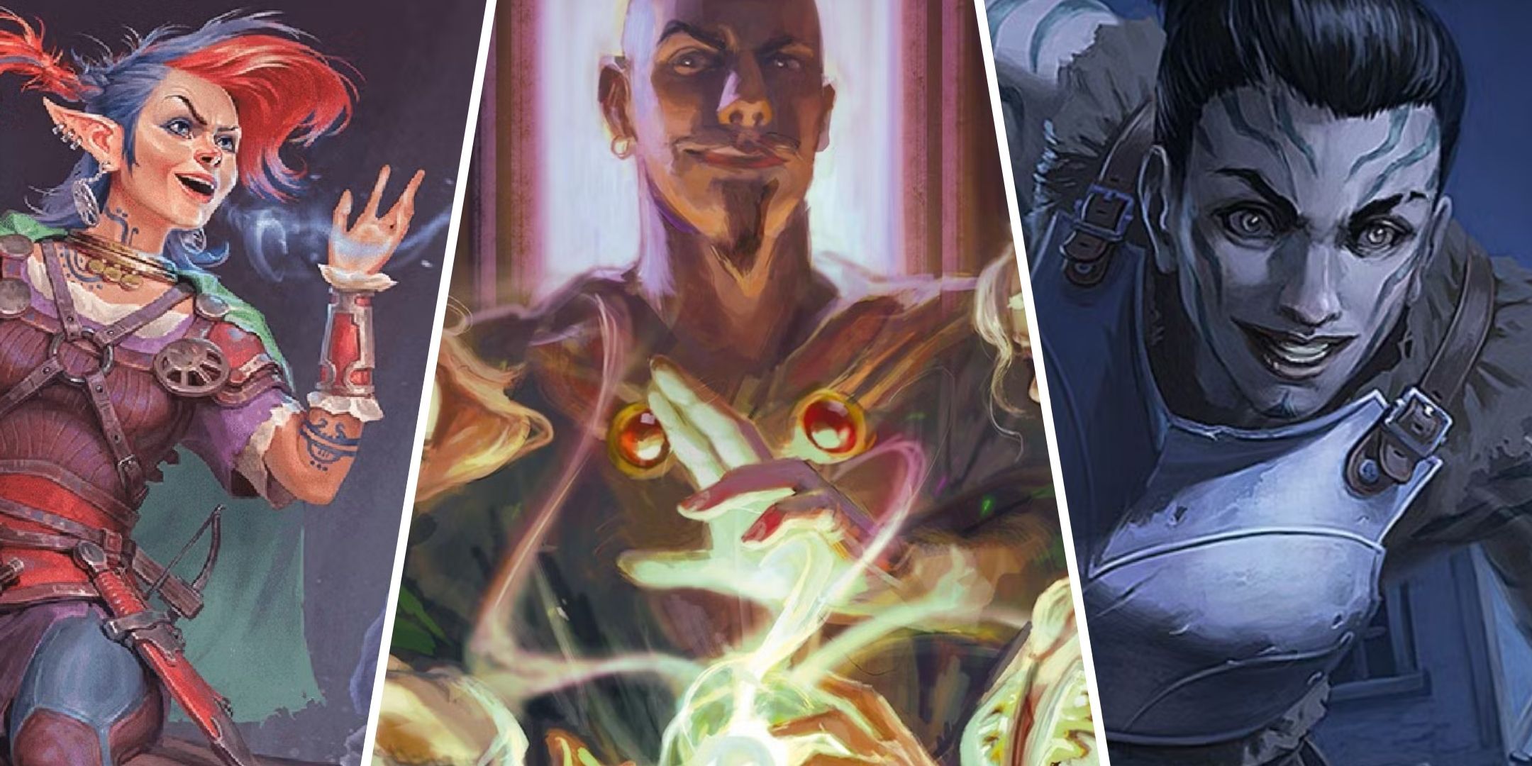 A bard, Mordenkainen, and a goliath, from Dungeons & Dragons (DND).