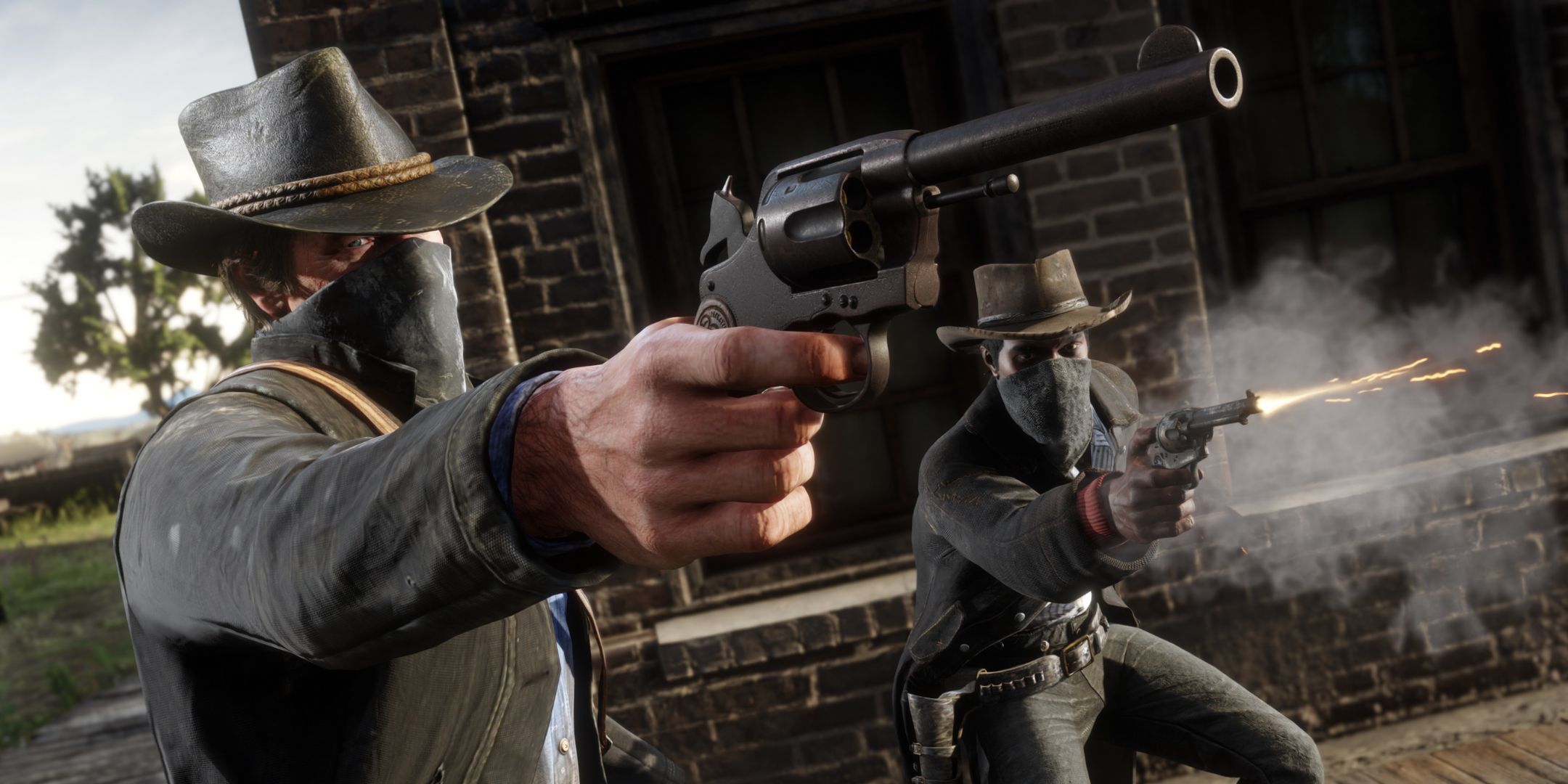 Arthur Morgan shooting a gun in Red Dead Redemption 2.