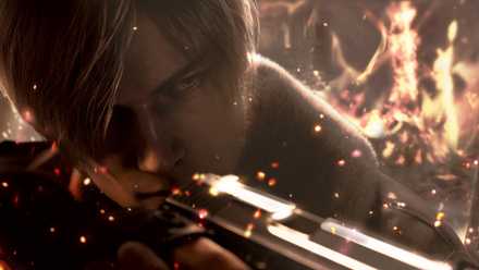 Leon Kennedy aiming a gun in the Resident Evil 4 remake.
