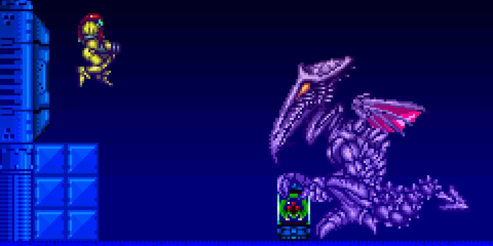 Samus about to fight Ridley who is holding a Metroid in a glass tube in Super Metroid.