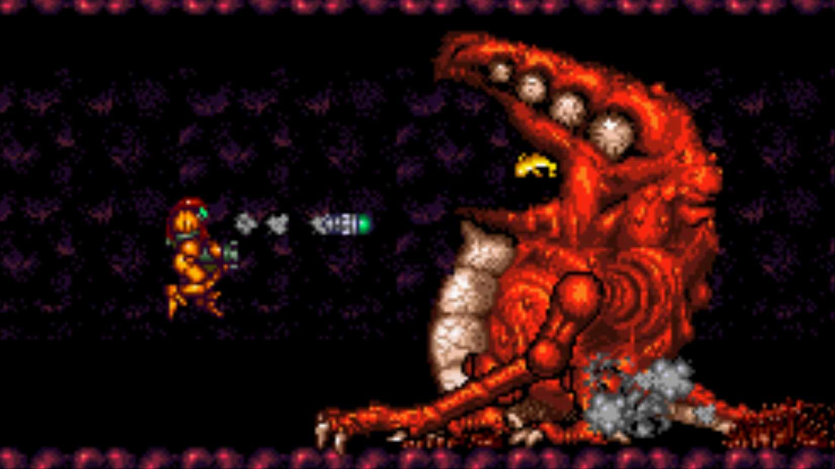 Samus fires a Super Missile at Crocomire in Super Metroid.