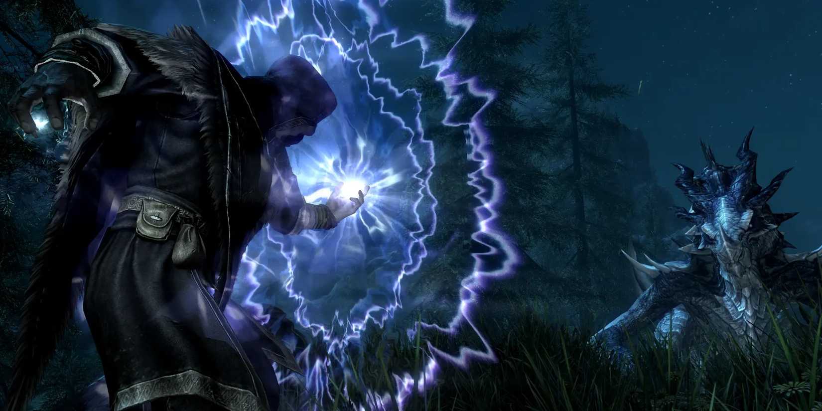 Skyrim VR: Summoning a magic shield to defend against a dragon.