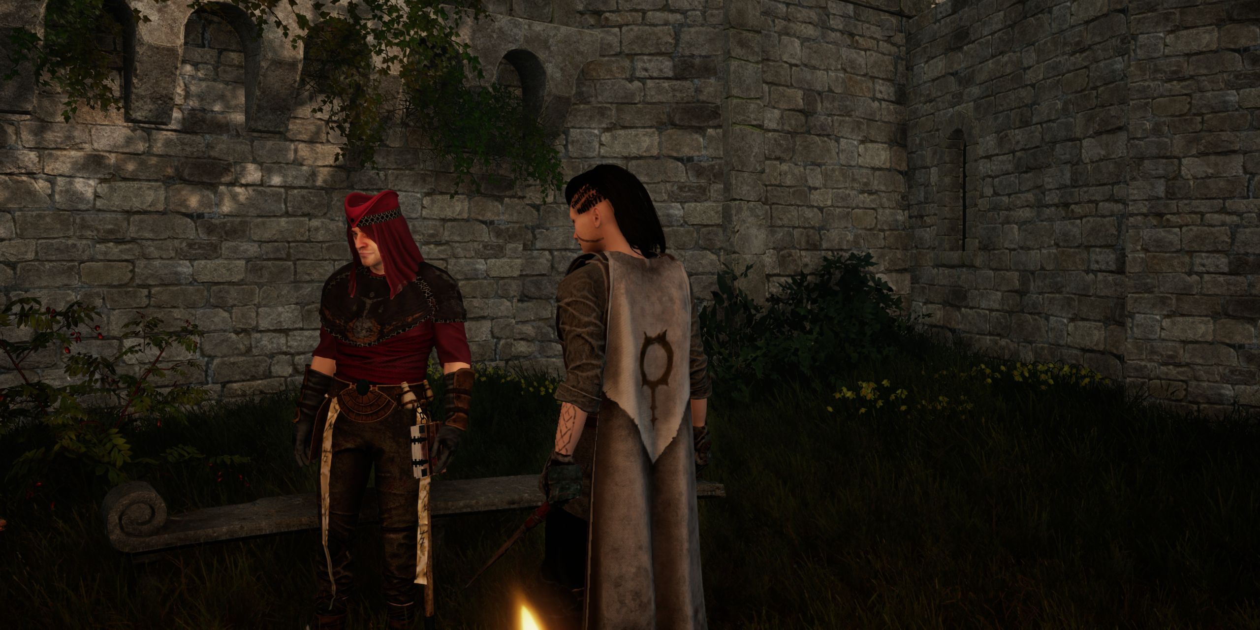 Main character speaking to Brother Riagan in Tainted Grail: The Fall Of Avalon.