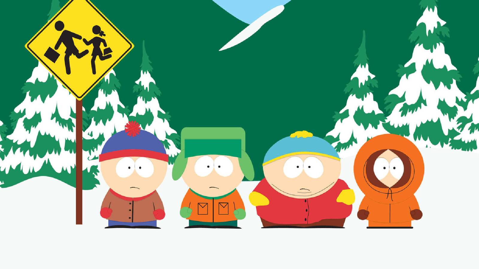 The cast of South Park at a bus stop.