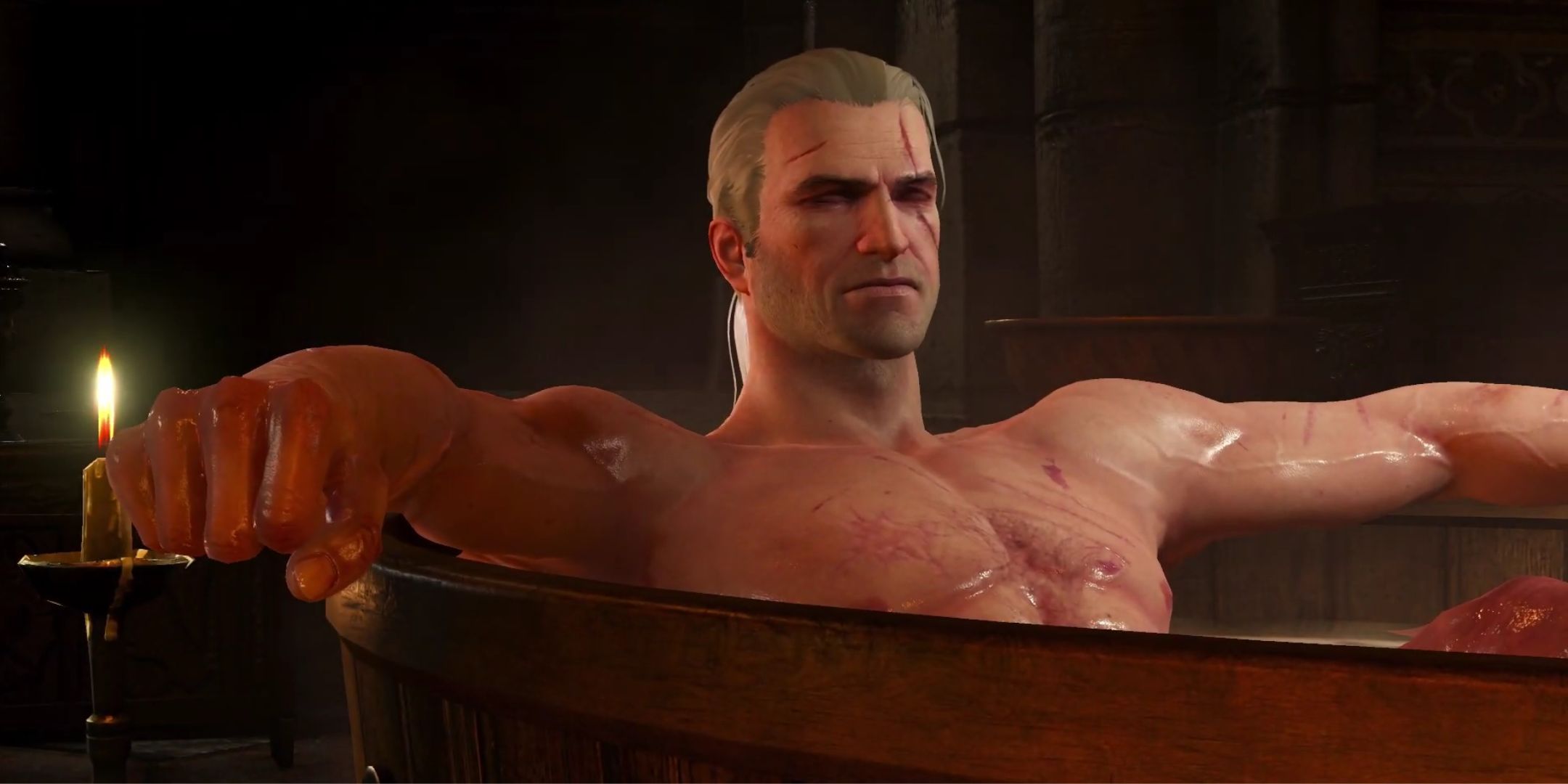 Geralt in a bath tub in The Witcher 3's introduction.