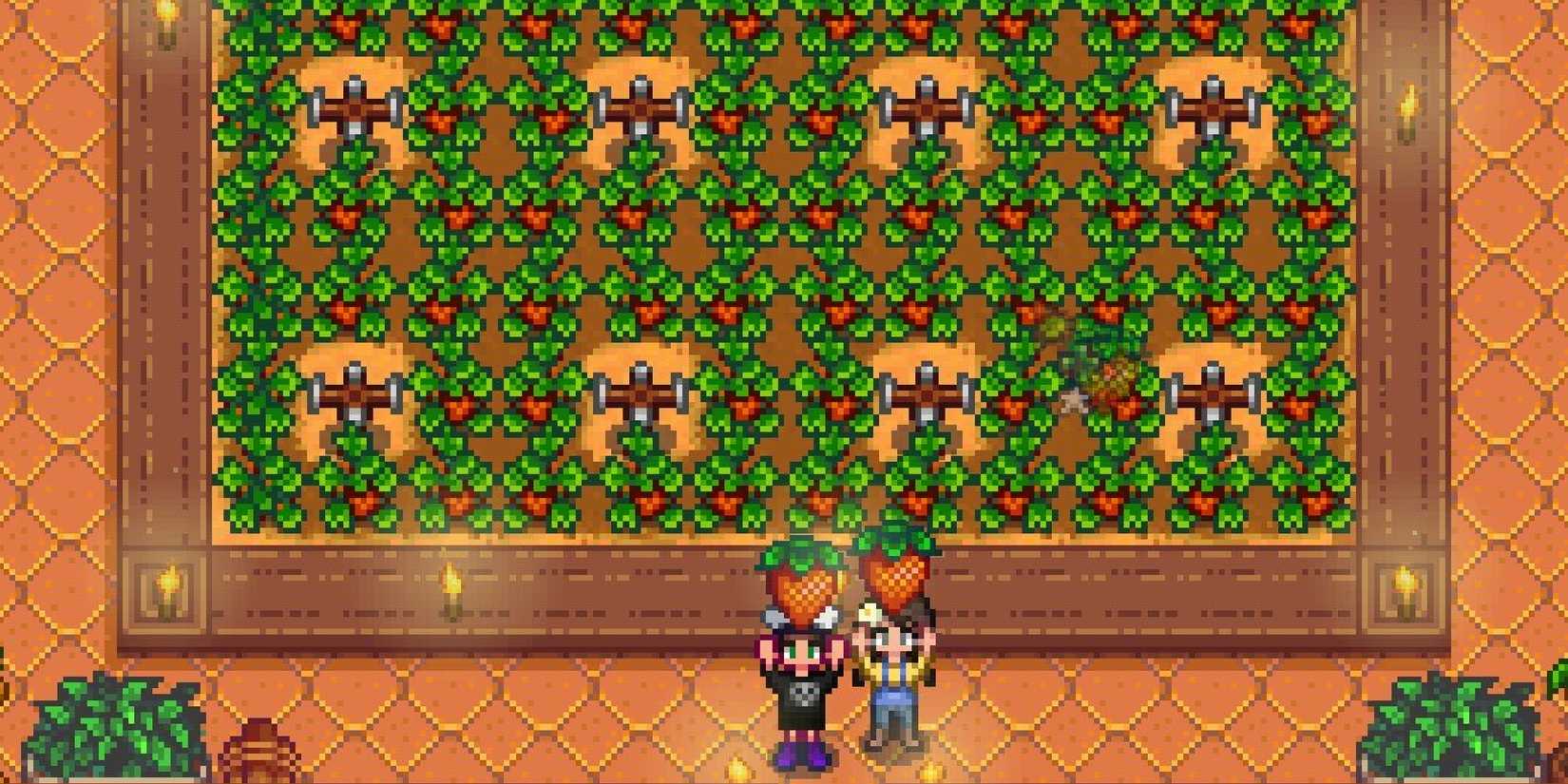 Two players holding strawberries in Stardew Valley.