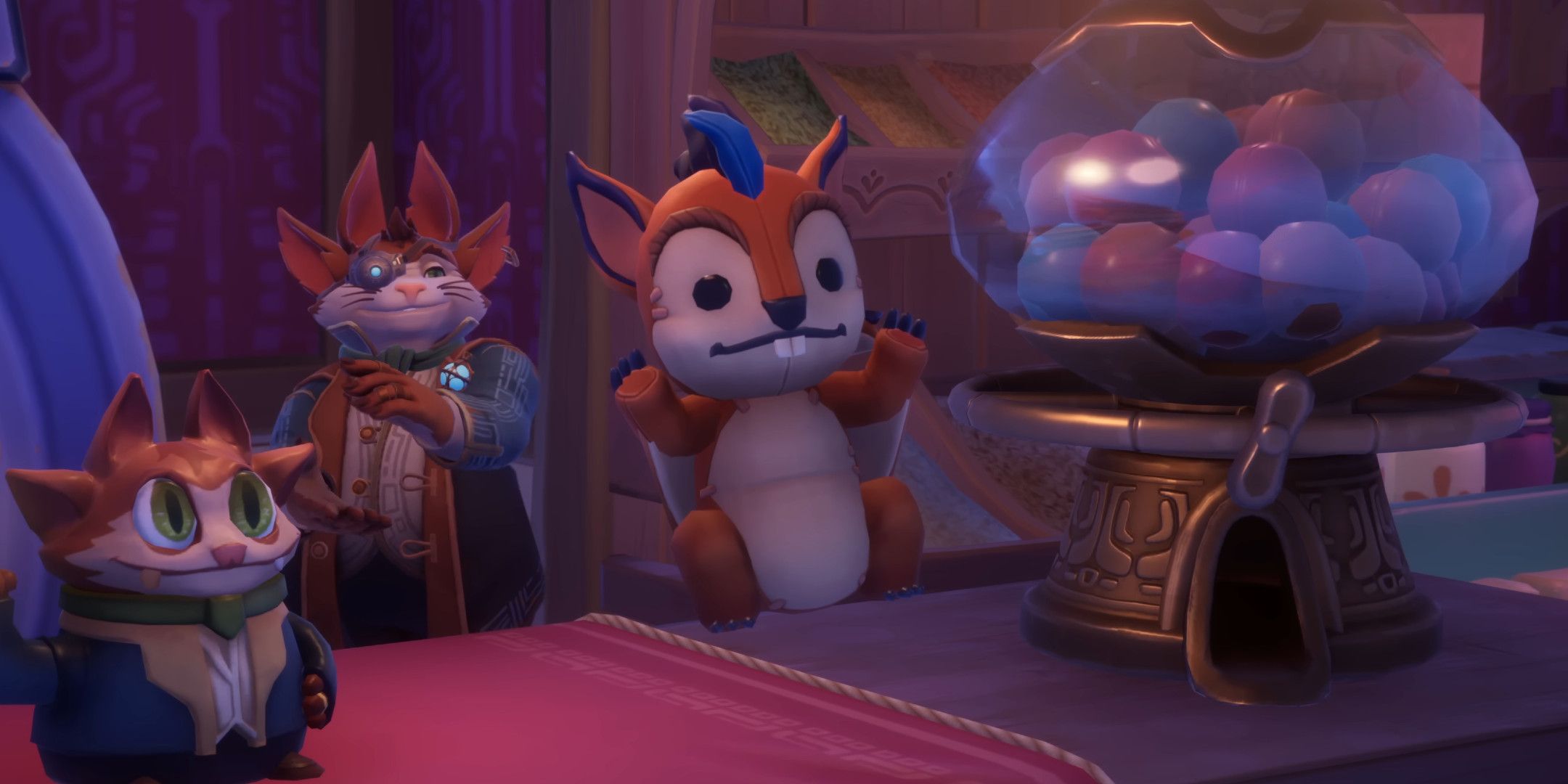 An orange squirrel plush floating on a tabletop