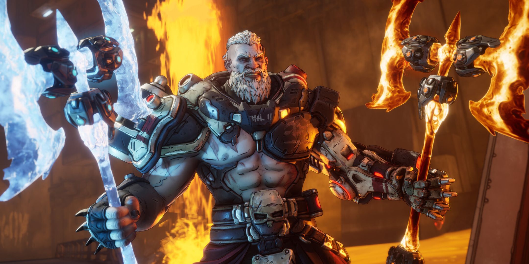 A character from Borderlands 4 wielding two axes, one flame-powered and one ice-powered.