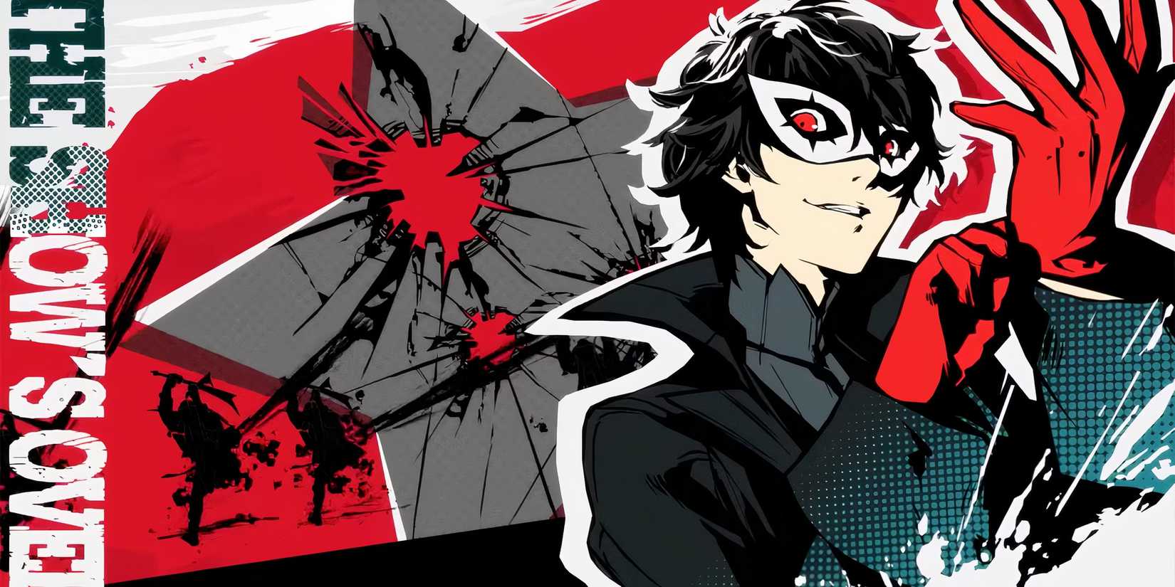 Persona 5 Joker smiles and adjusts his gloves after defeating an enemy "the show is over" written on the side.