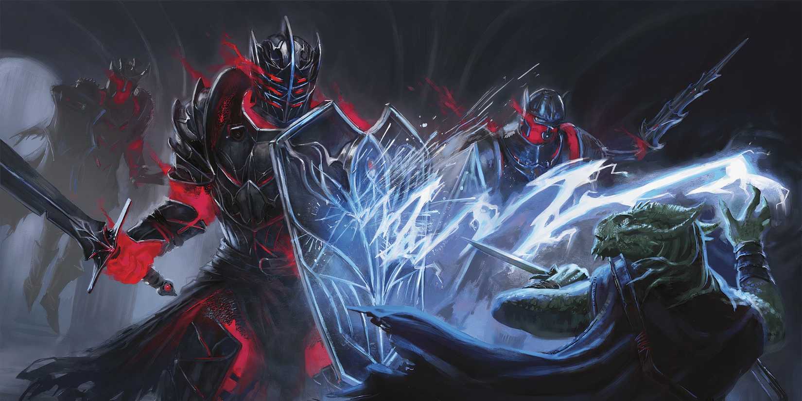 A helmed horror attacking a player character with a shield in DND.