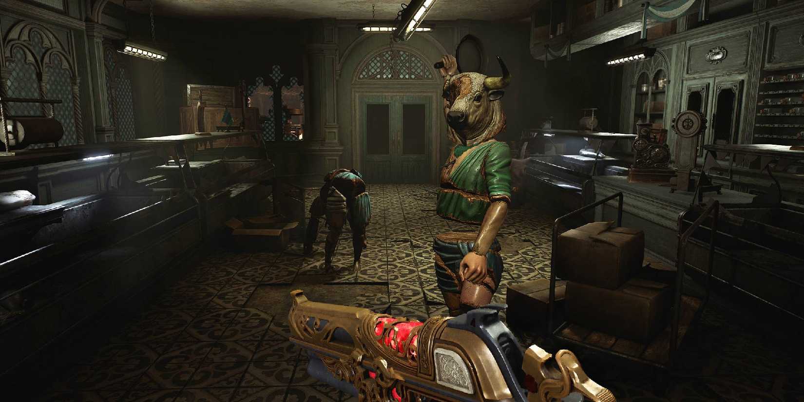 Chrysol statue with a bull's head standing in the cafe.