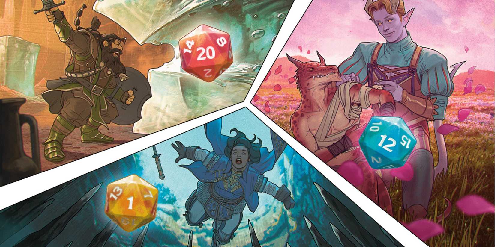 A montage showing different dice roll results, with a character having a critical success, regular success, and a critical failure, in Dungeons & Dragons (DND).