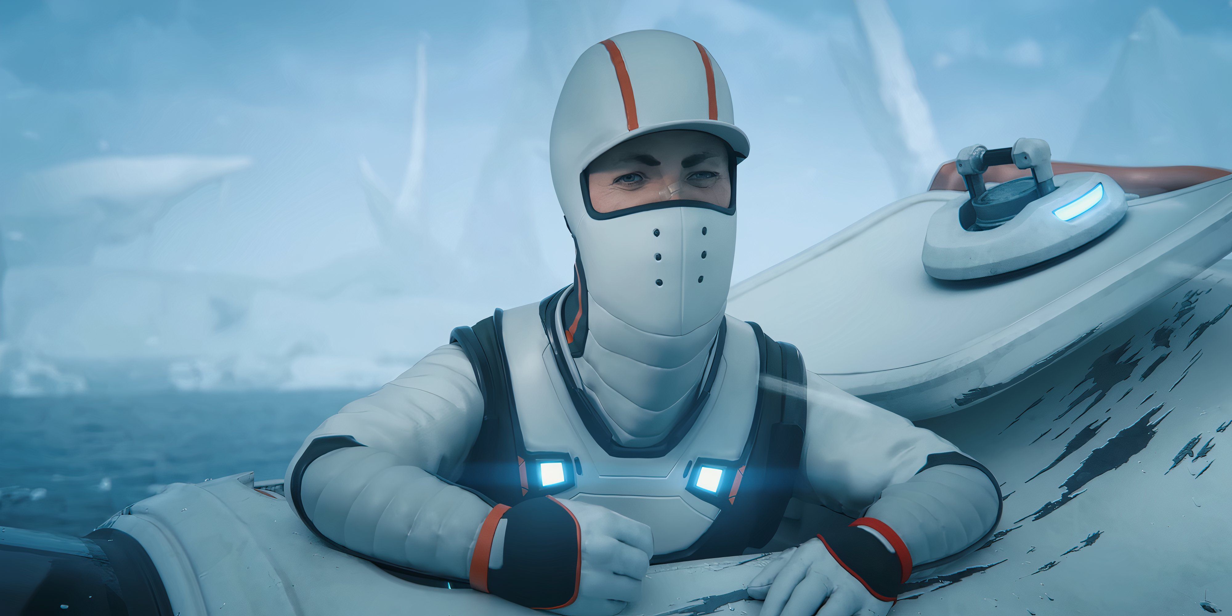 A diver emerges from a submarine in sub-zero temperatures in Subnautica.