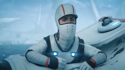 A diver emerges from a submarine in sub-zero temperatures in Subnautica.