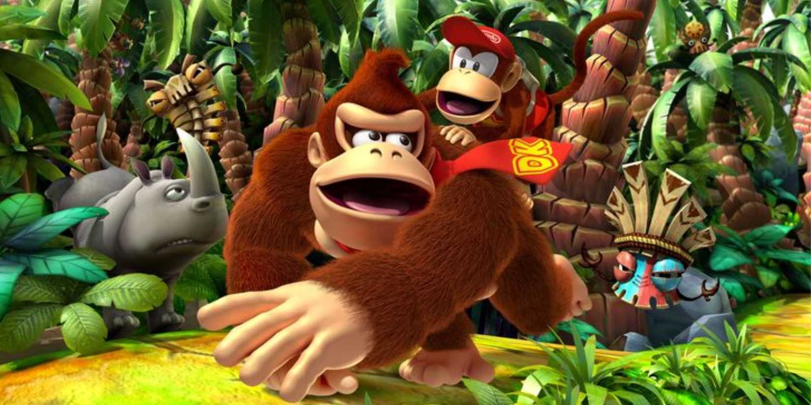 Donkey Kong riding through the jungle on his back with Diddy Kong in the Donkey Kong Country Return main art.