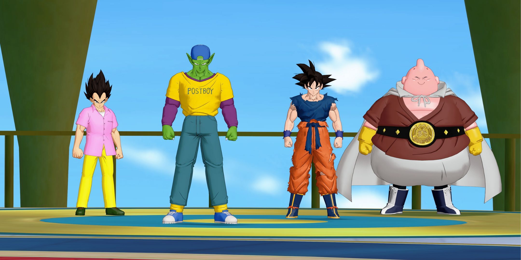 Goku, Piccolo, Vegeta, and Buu in their alternate outfits in Gekishin Squadra.