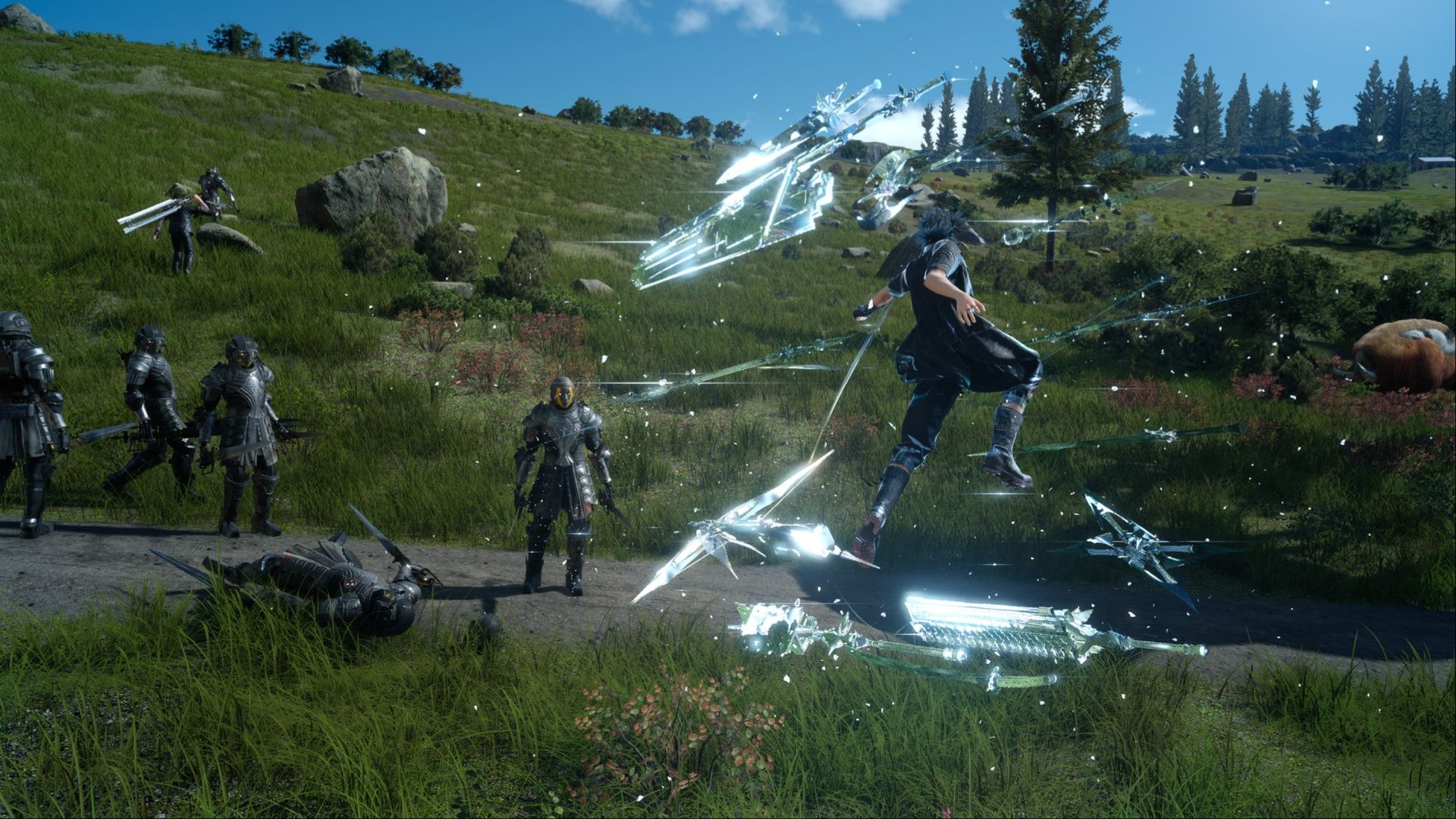 Noctis releasing a barrage of attacks on a group of Armored Assassins in Final Fantasy 15.