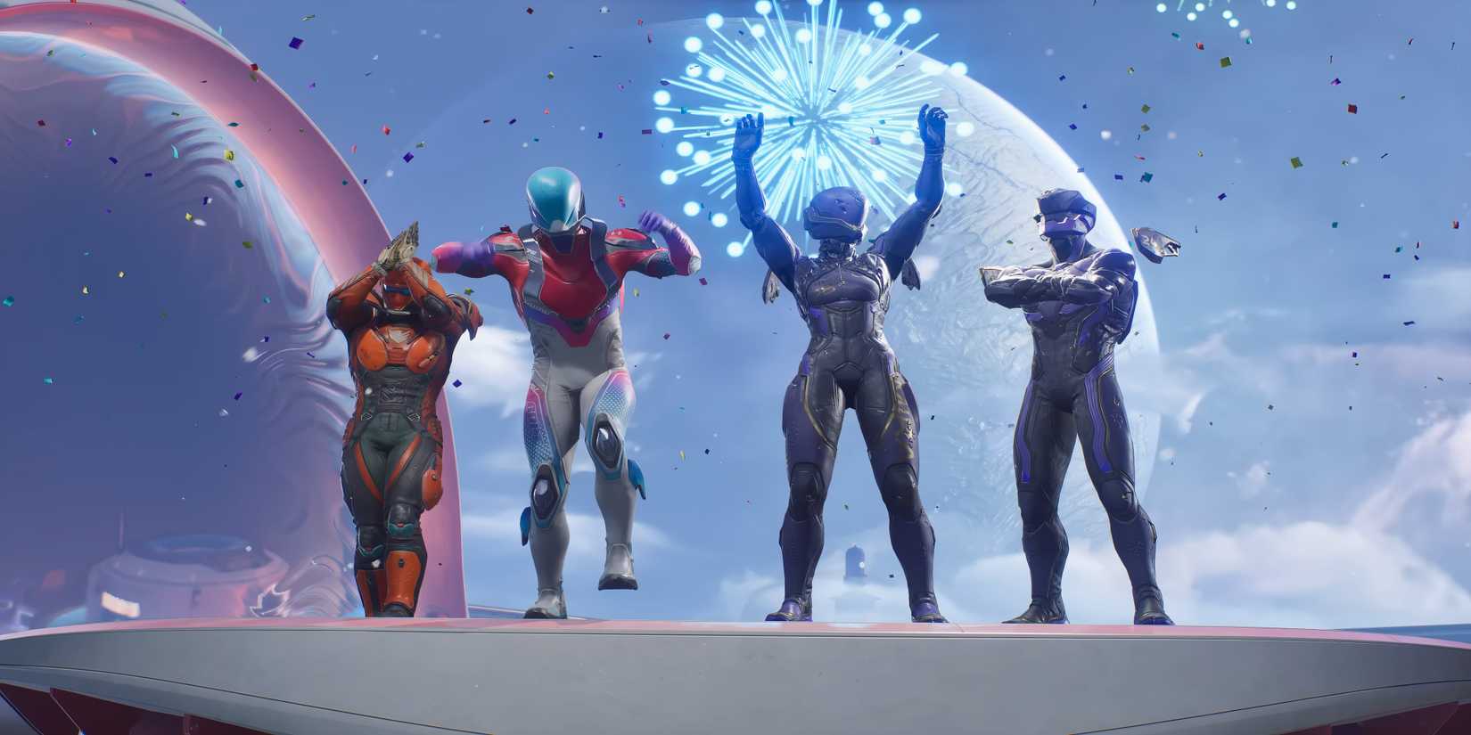 four splitgate 2 characters celebrating in front of fireworks.
