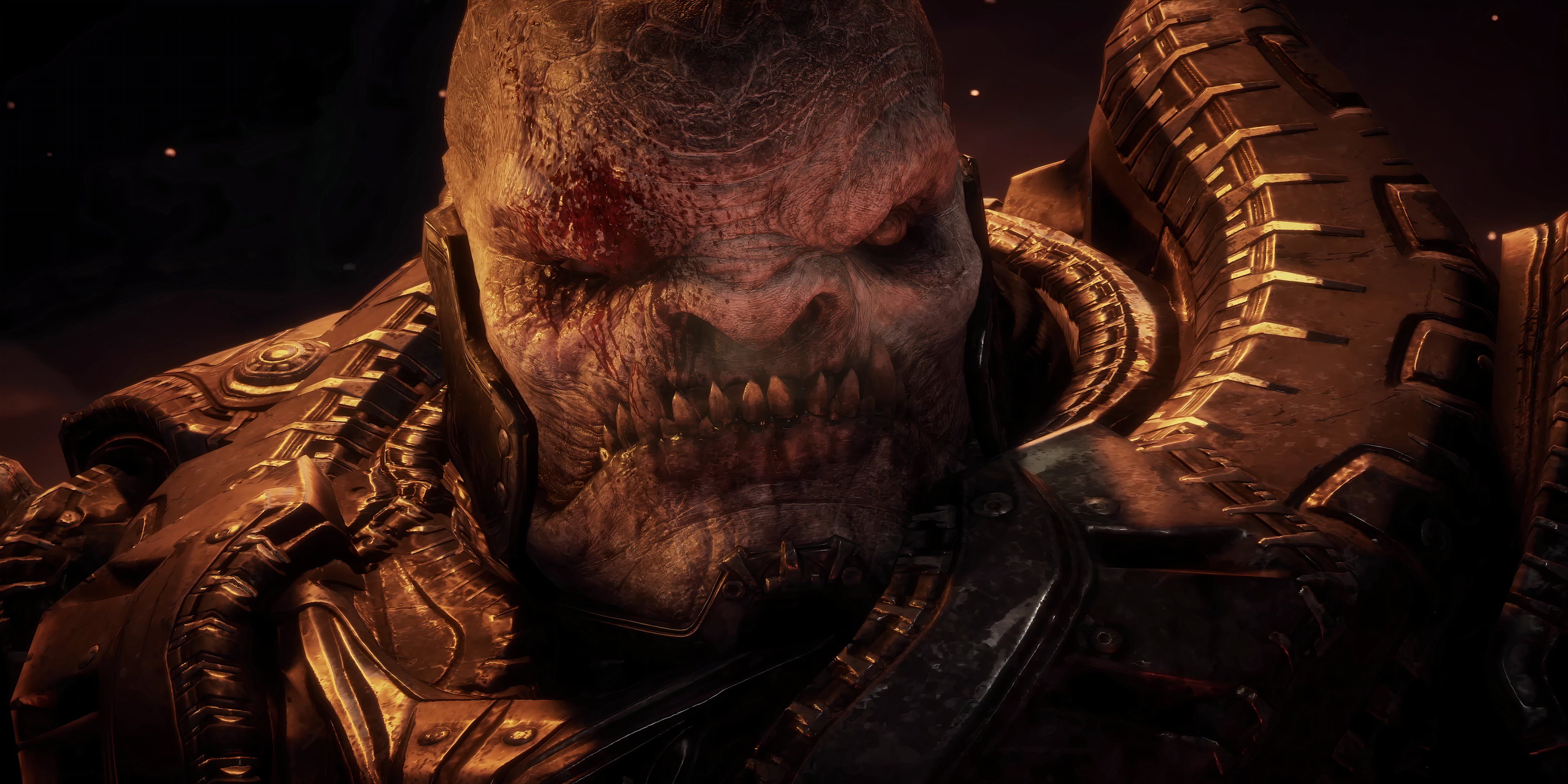 General Raam staring at the camera looking angry in gears of war reloaded.