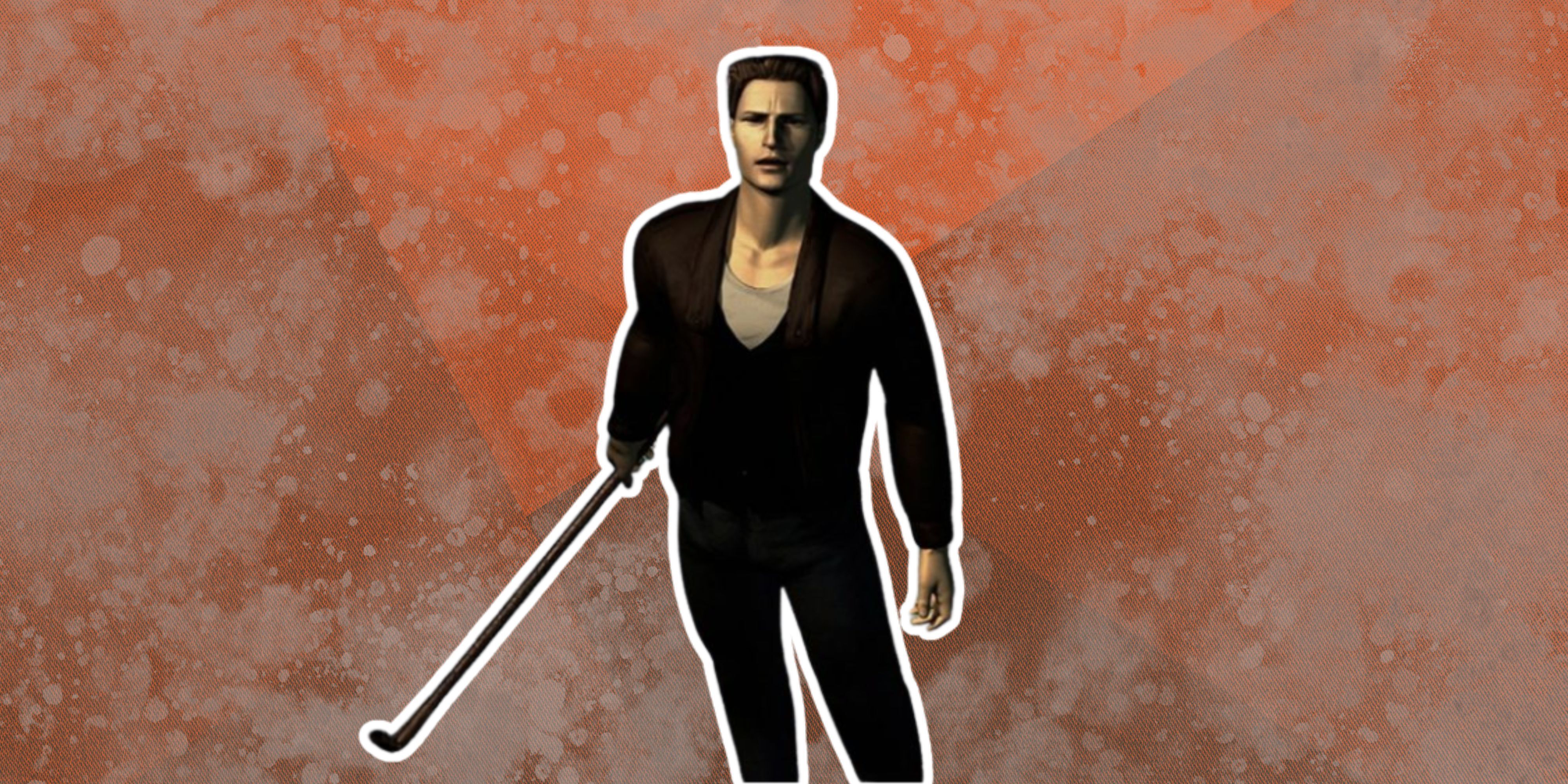 Harry Mason from Silent Hill on grimy background with lead pipe