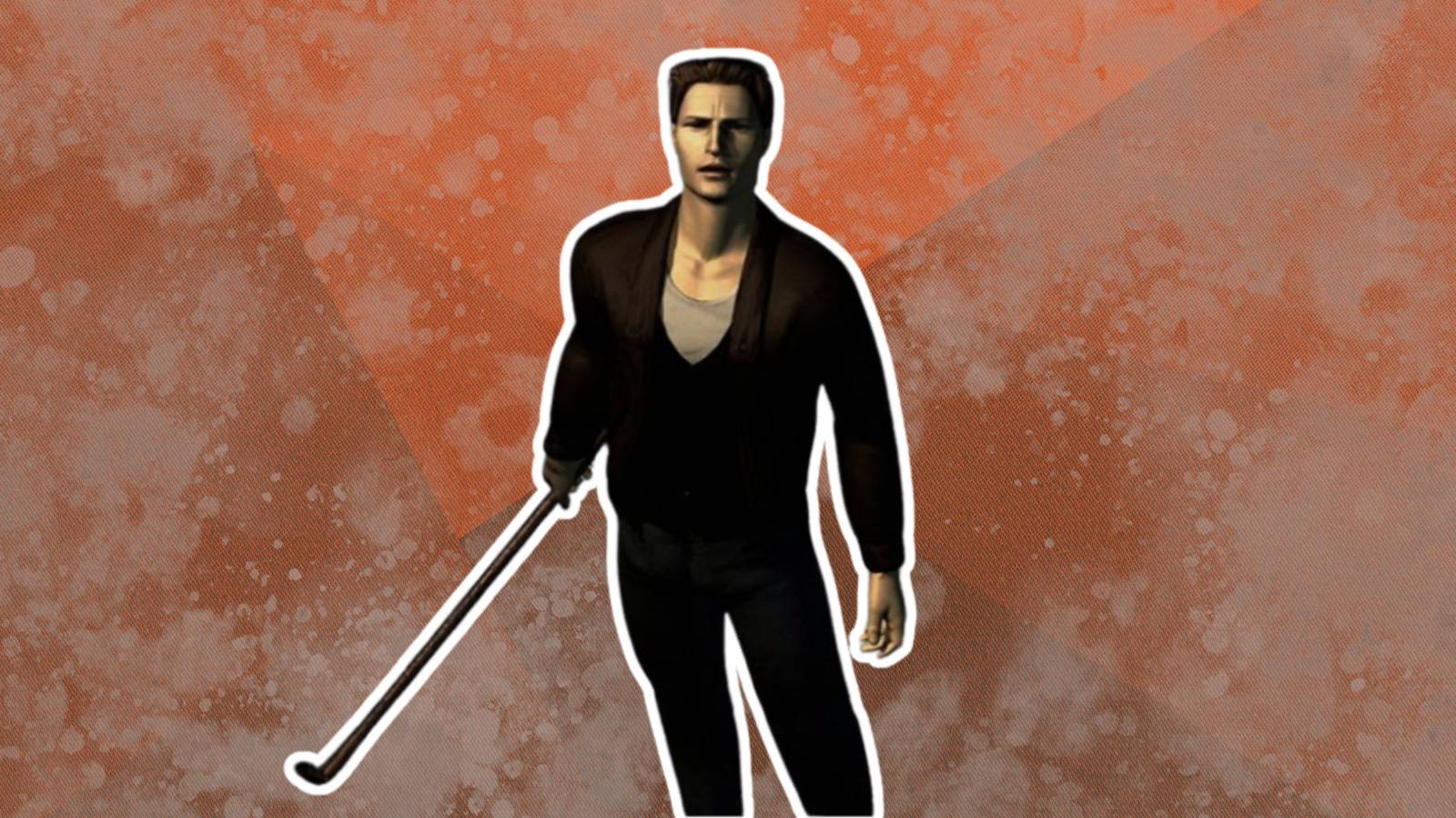 Harry Mason from Silent Hill on grimy background with lead pipe