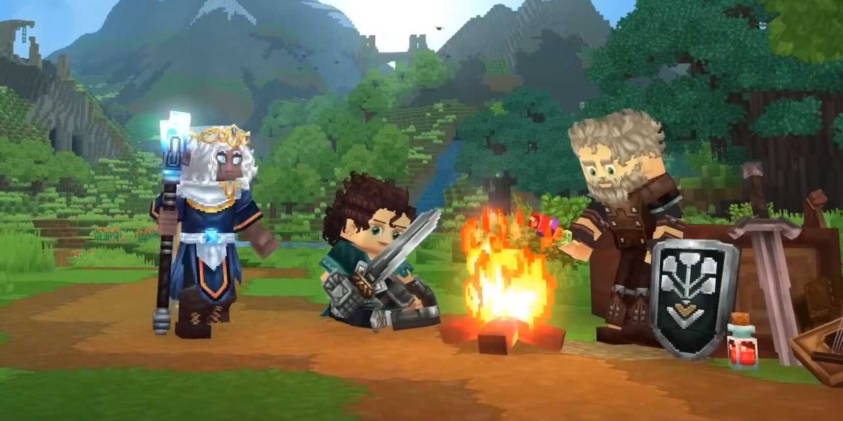 Three Hytale Characters Gathered In Front Of A Fire.