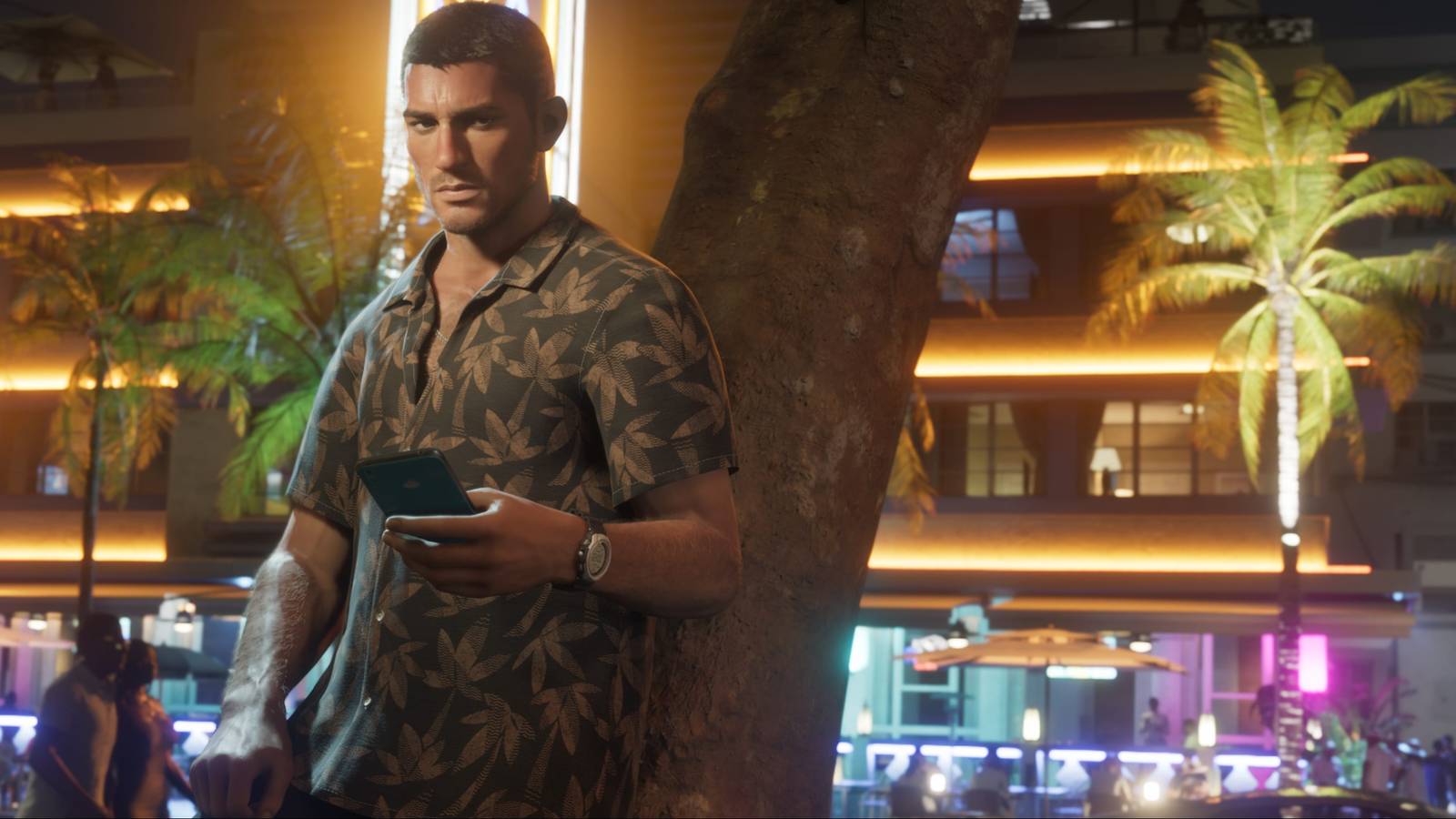 Jason on his phone before the glow of neon lights of neighboring establishments in GTA 6.