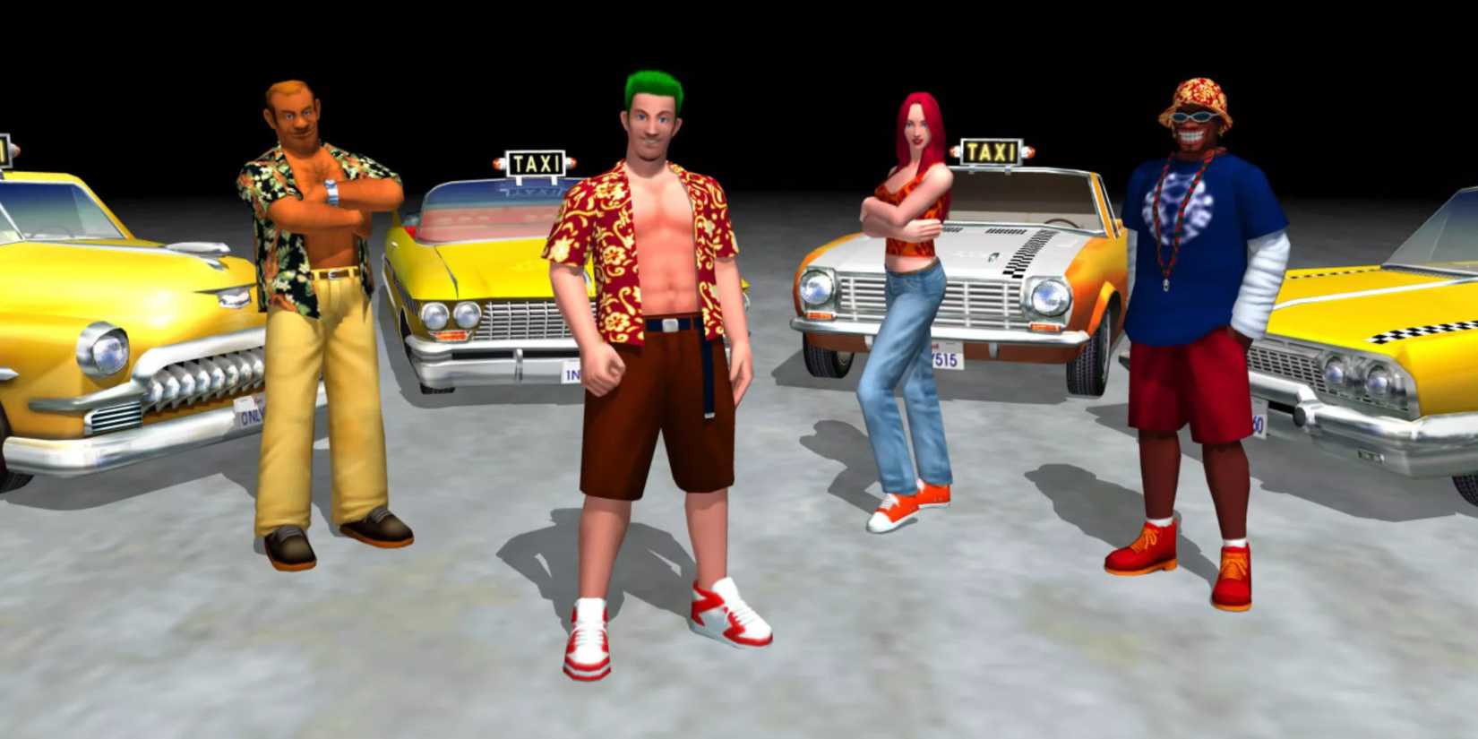 crazy taxi playable characters standing in front of their taxis.