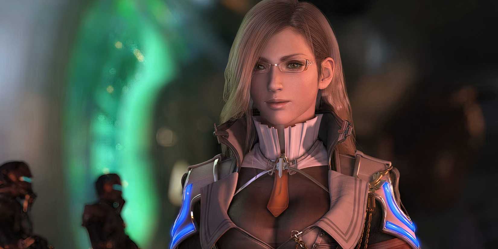 Jihl Nabaat in a cutscene with her glasses and her hair flowing down in Final Fantasy 13.