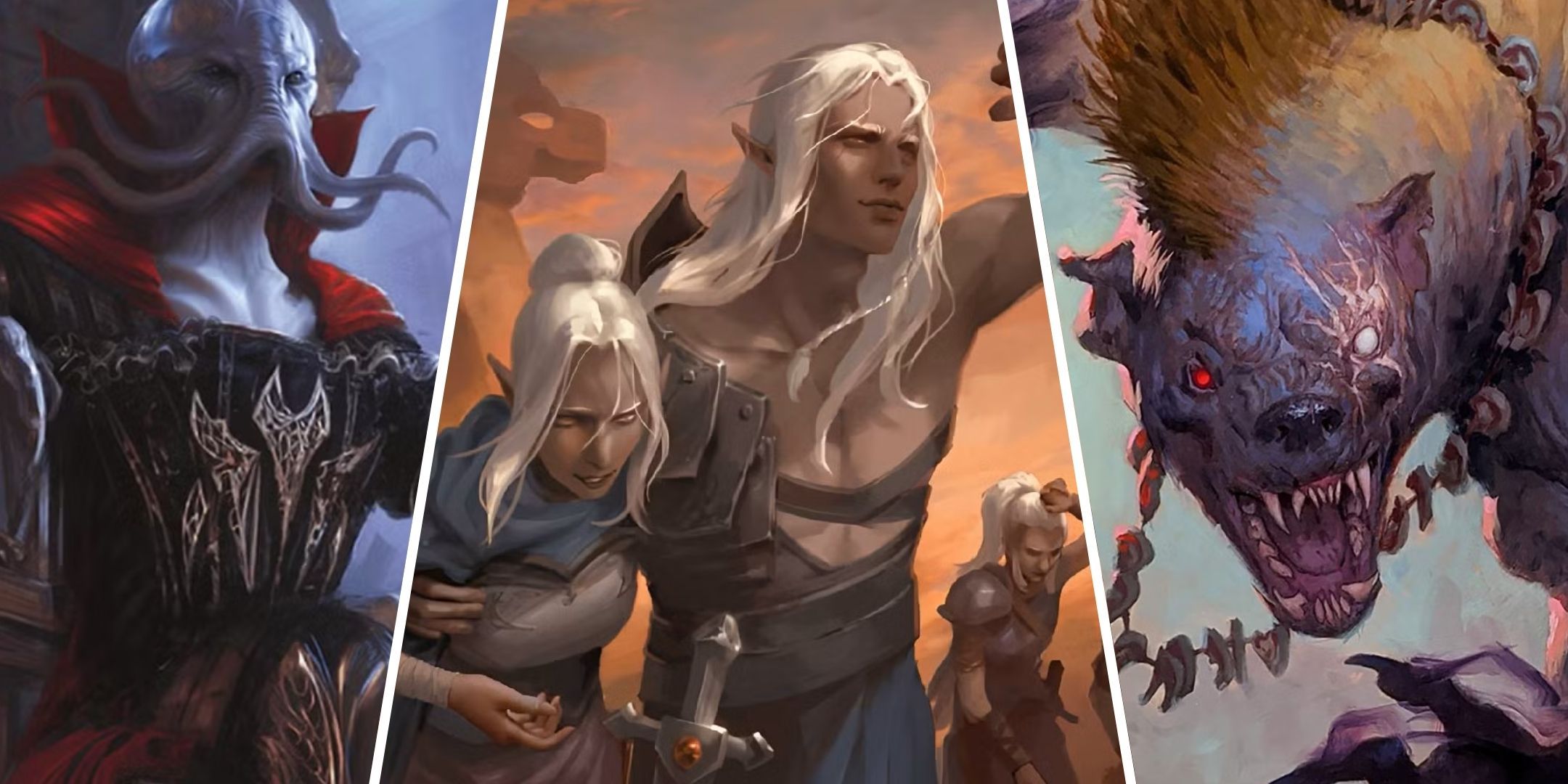 A mind flayer, a group of drows, and a gnoll, from Dungeons & Dragons (DND).