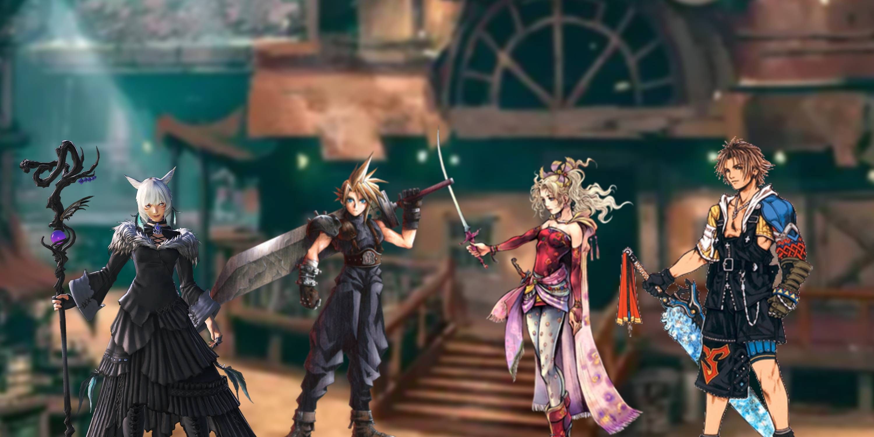 MTG Y'shtola, Cloud, Terra, and Cloud in front of card art for basic plains in FF set.