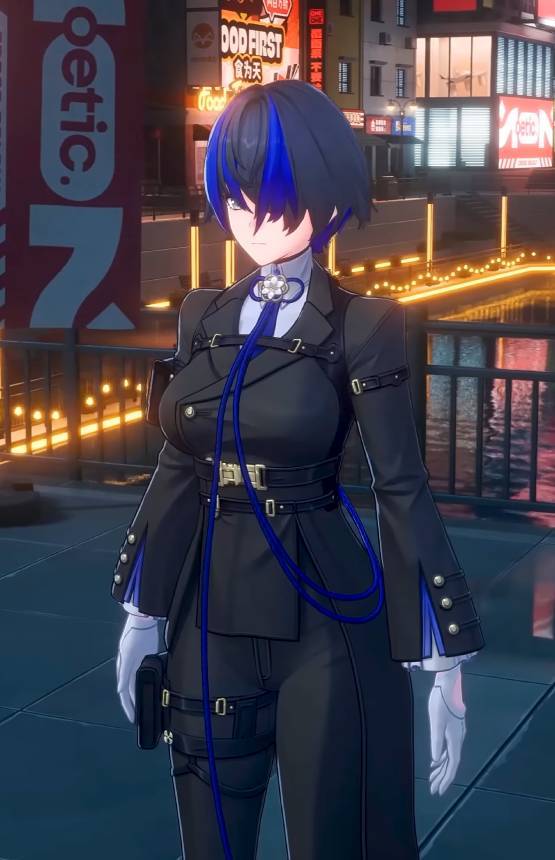 Neverness To Everness, Daffodil, wearing a backsuit with blue streaks in her hair.