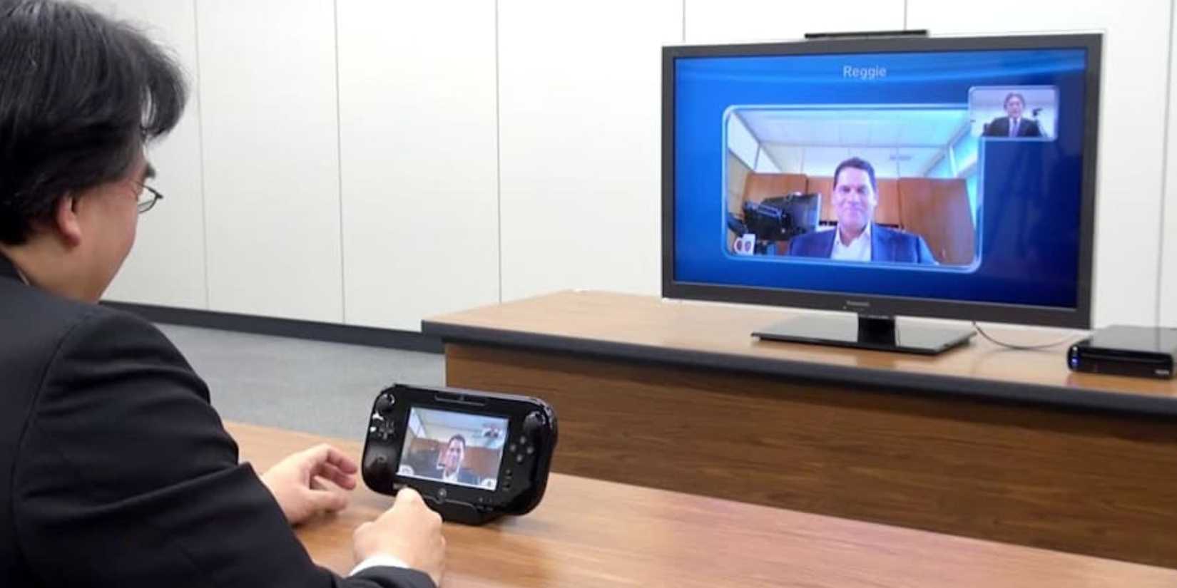 Nintendo staff Satoru Iwata video calling with Reggie Fils-Aime using Wii U Chat.