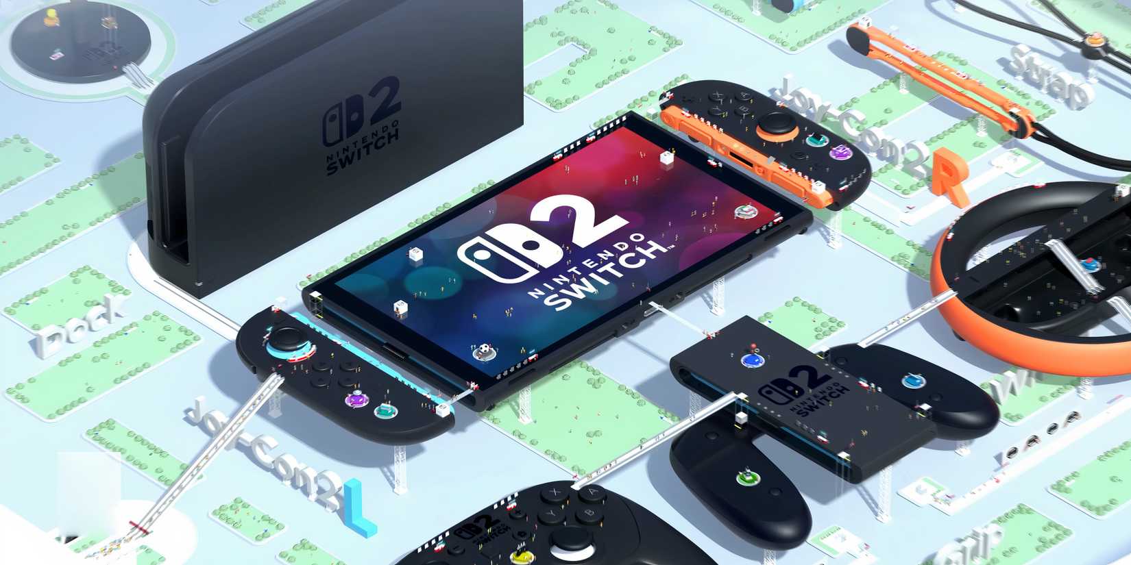 Nintendo Switch welcome tour displaying the Switch 2 and a range of accessories.