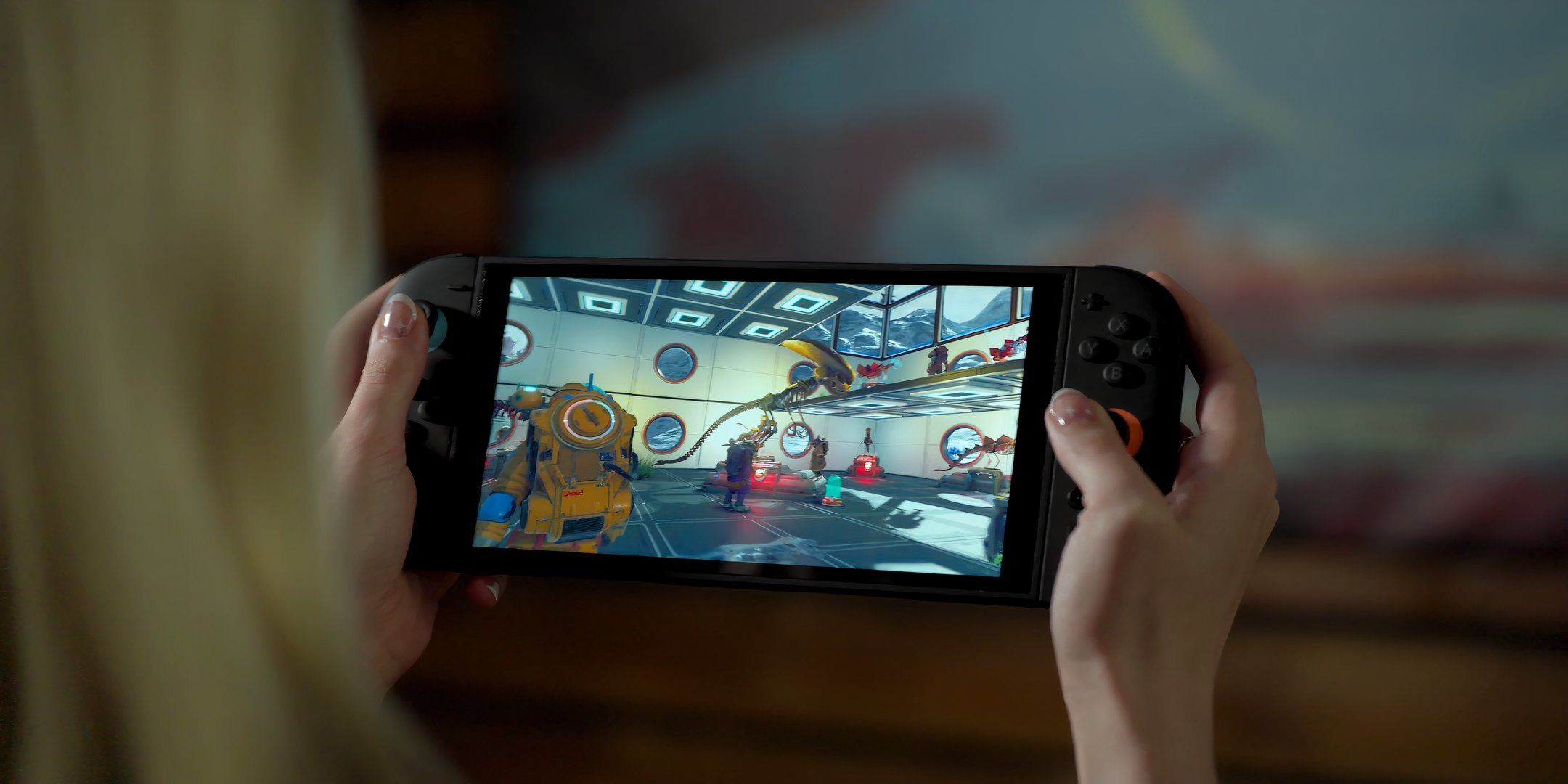 Conceito visual do Switch 2 rodando jogos modernos