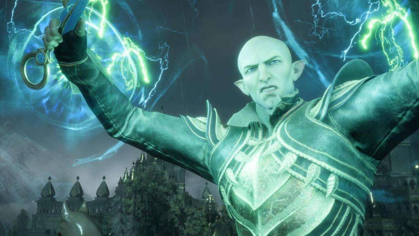 Solas holding a dagger, while his hands glow in Dragon Age The Veilguard.