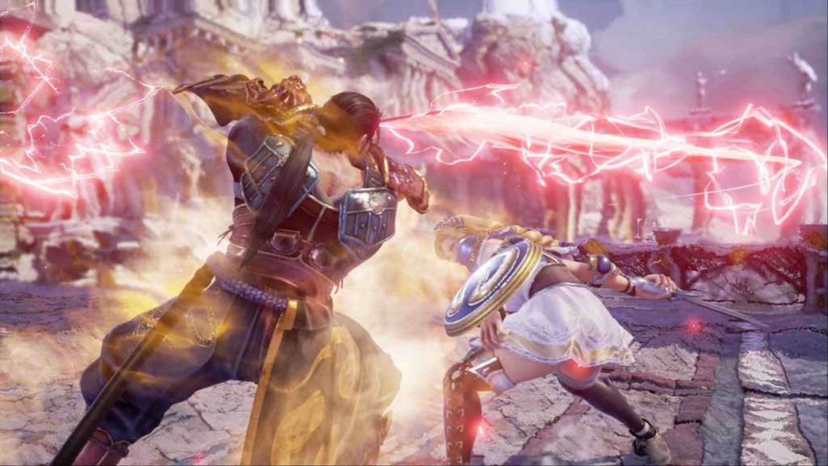 Sophitia Alexandra ducking an incoming high attack by Heishiro Mitsurugi in Soul Calibur 6.