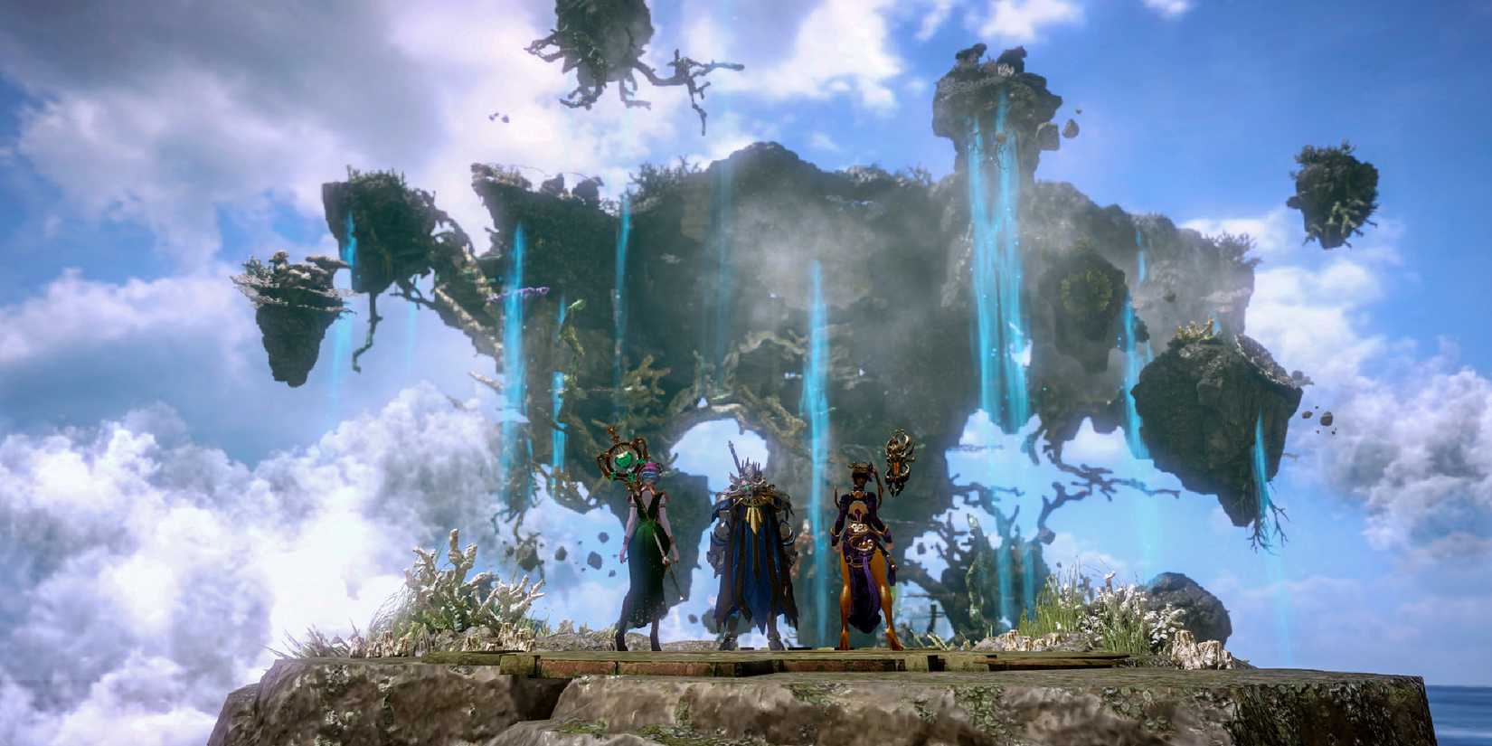 Three players look at a floating island in Lost Ark.