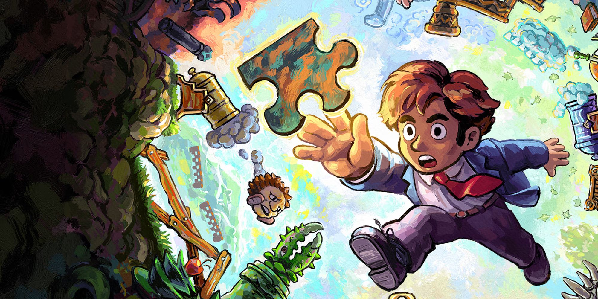 Tim reaches for a puzzle piece as the world turns in Braid.