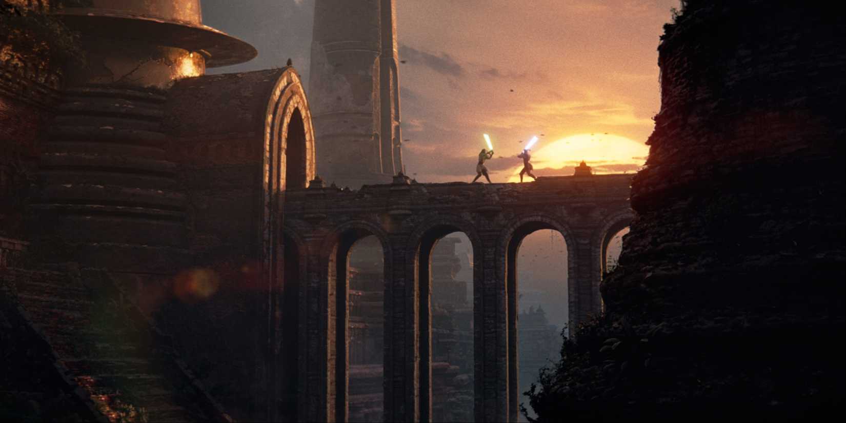 Two Jedis having a lightsaber fight on a bridge in Star Wars Eclipse.