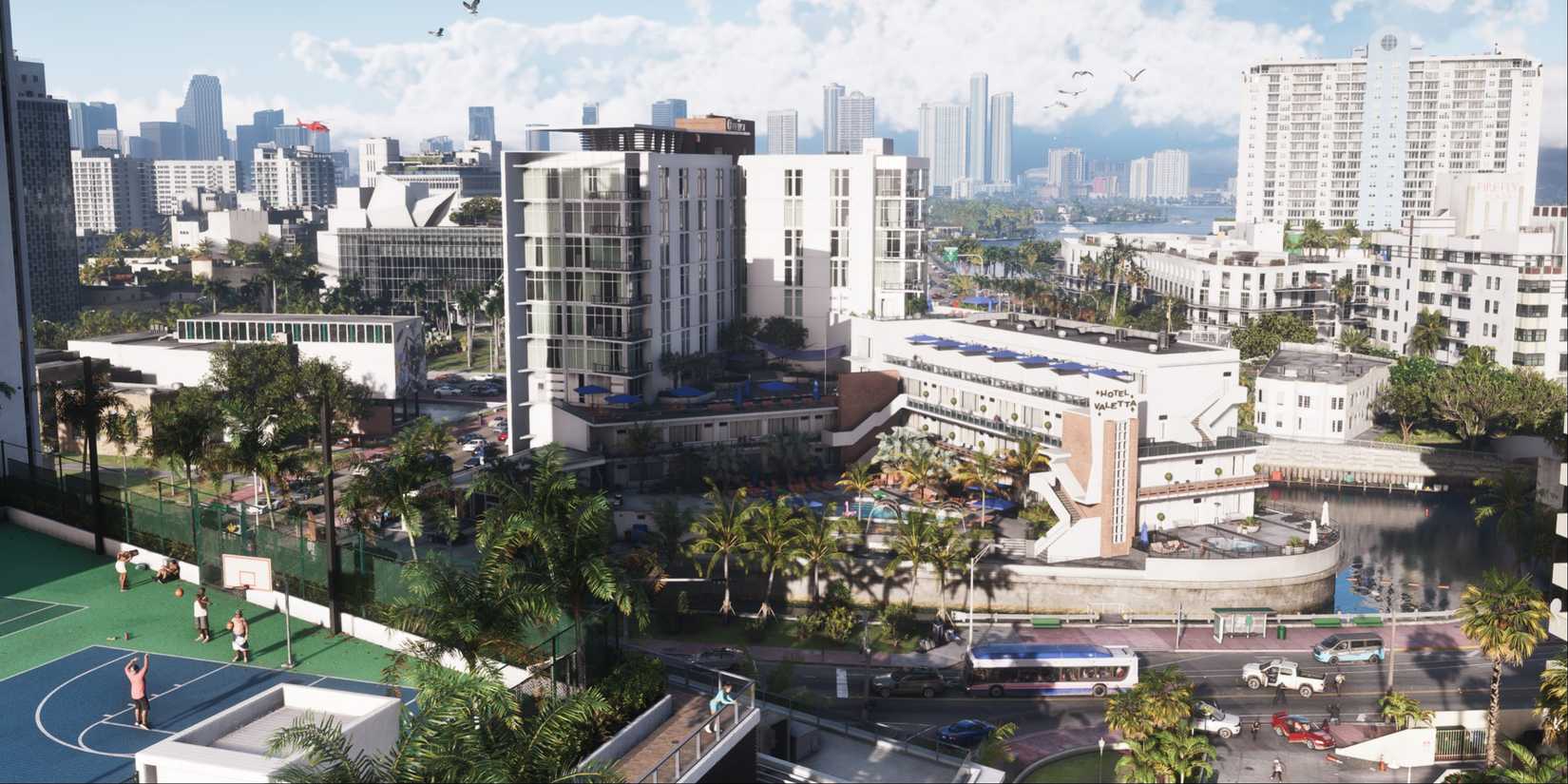 Vice cICE City of GTA 6, APRTMENT buildings and tennis coats around the VICE CITY.