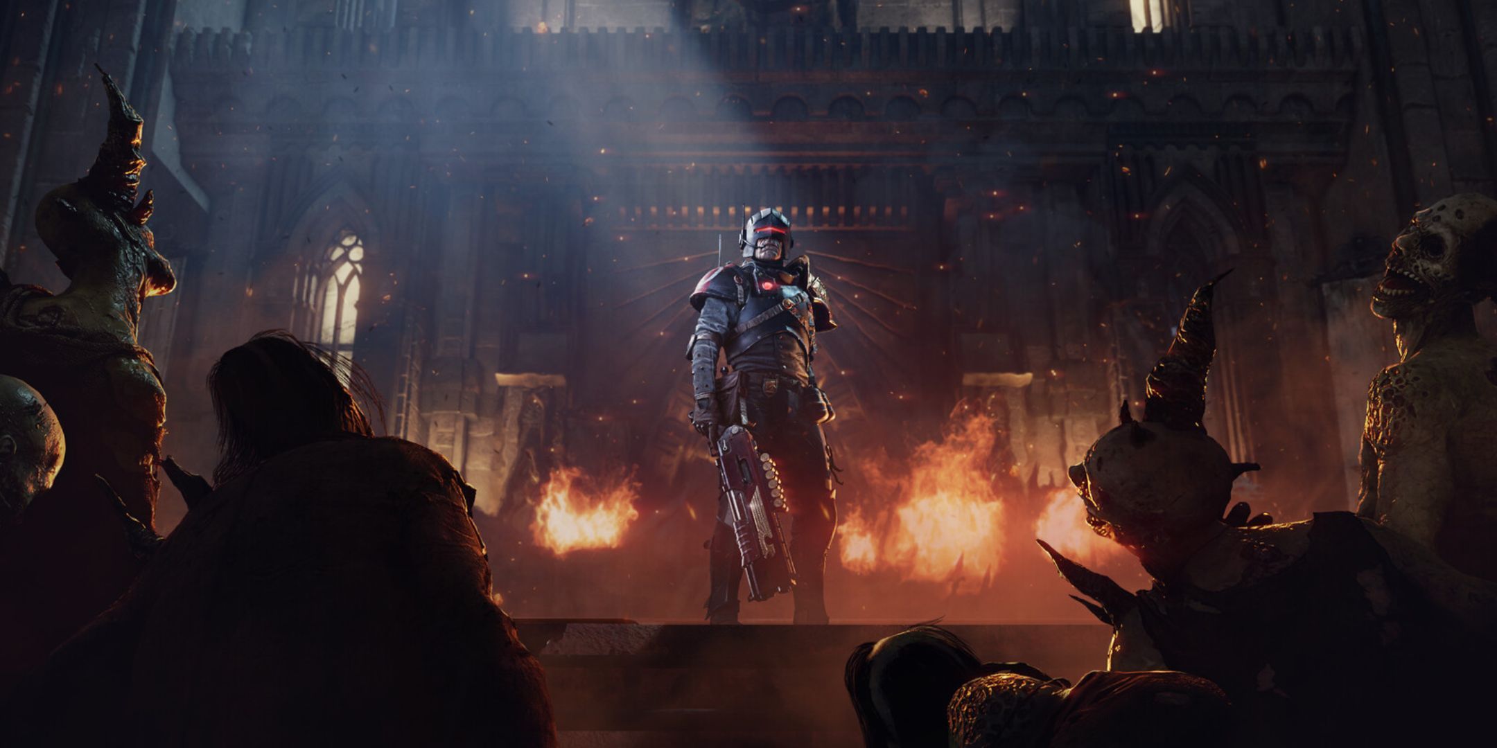 Um soldado de Warhammer 40,000: Darktide com uniforme de Adeptus Arbites.