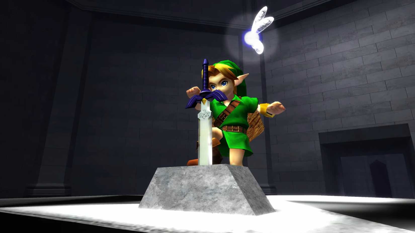 Young Link prepares to draw the Master Sword in Ocarina of Time.