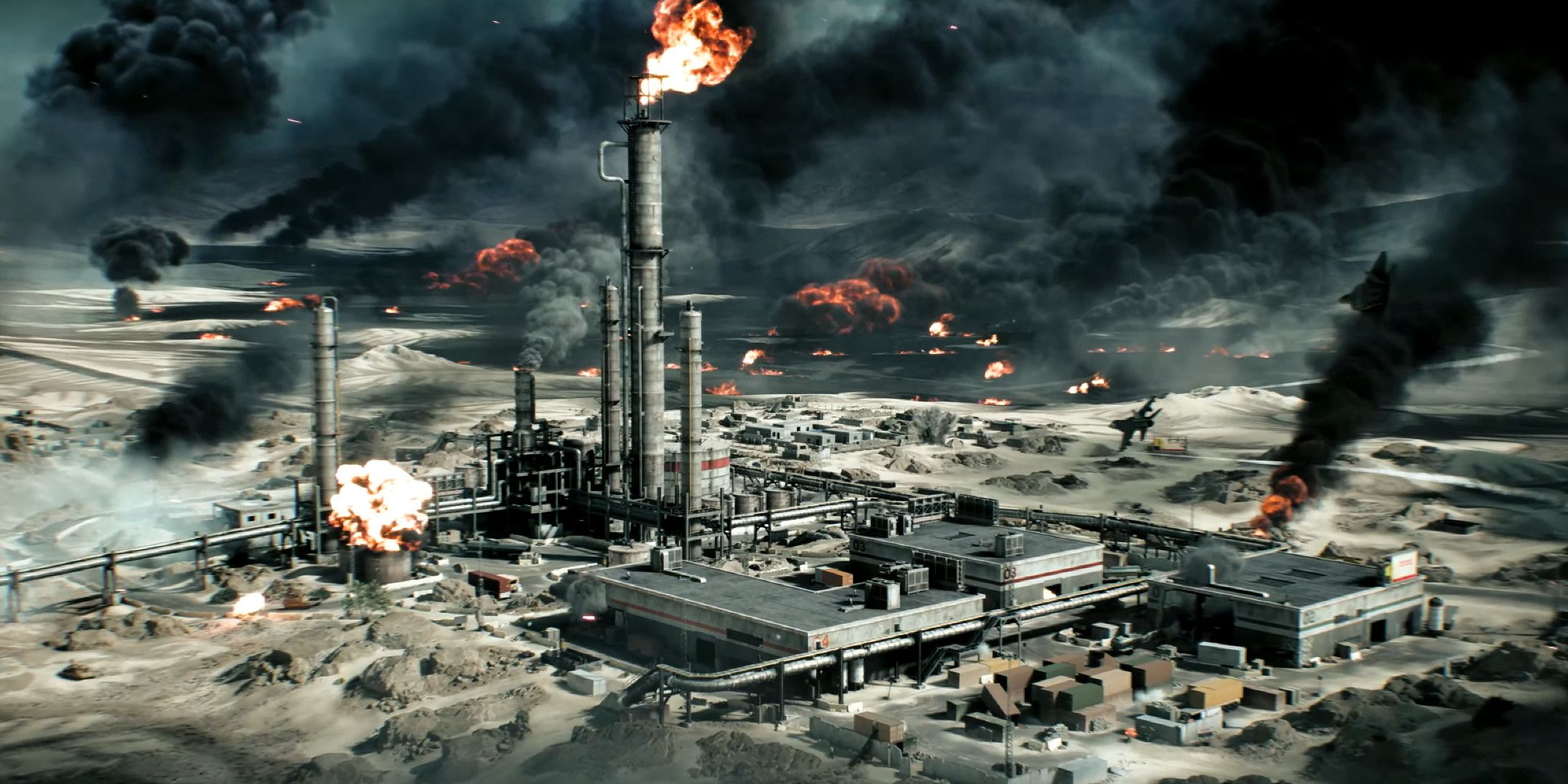 A big refinery being attacked by jets