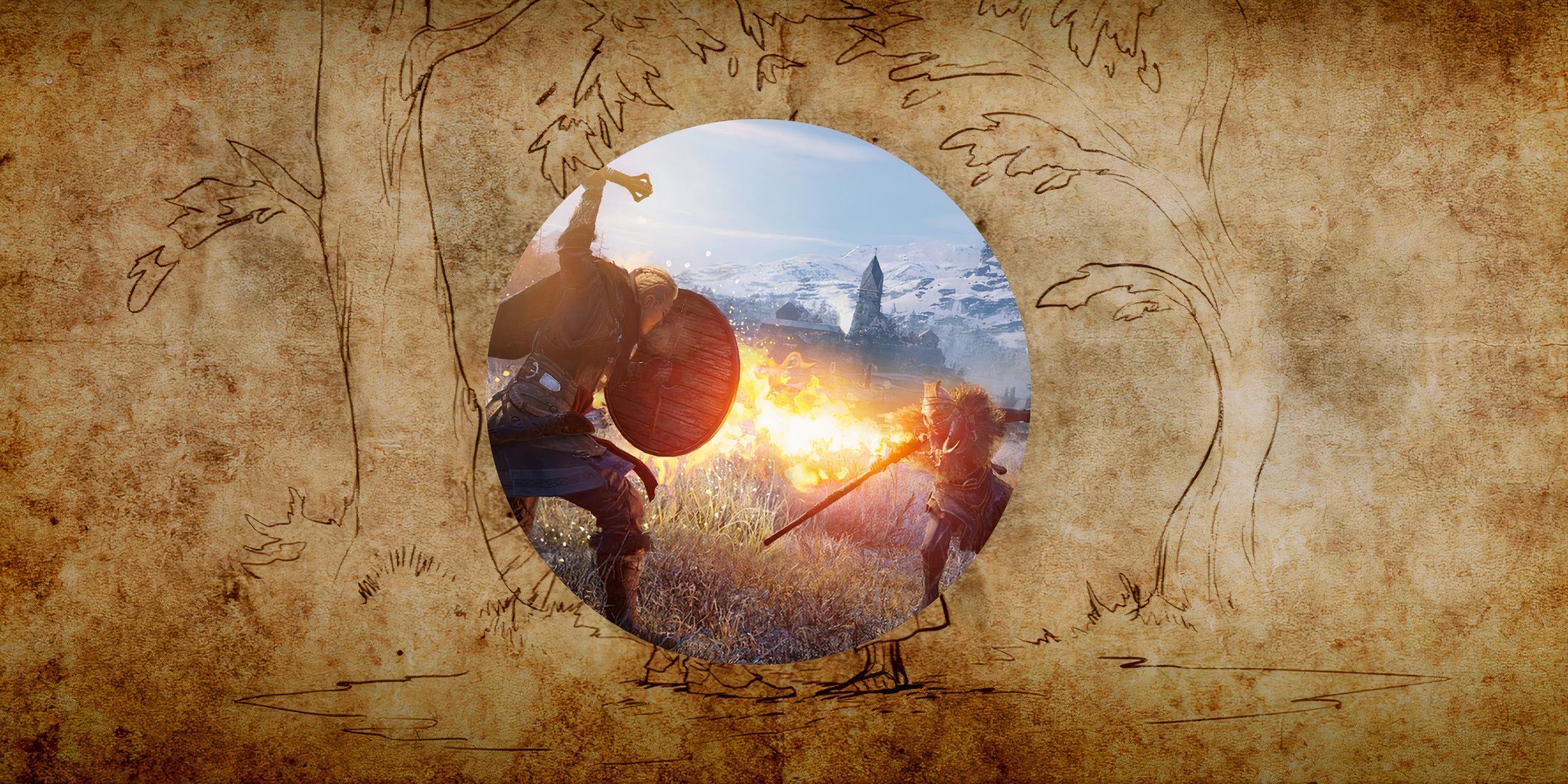 A viking takes on a fire-breathing enemy in Assassin's Creed Valhalla.