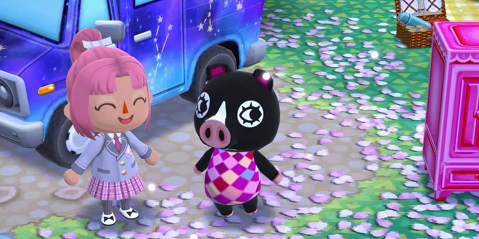 Agnes and a villager stand beside a truck in Animal Crossing New Horizons.