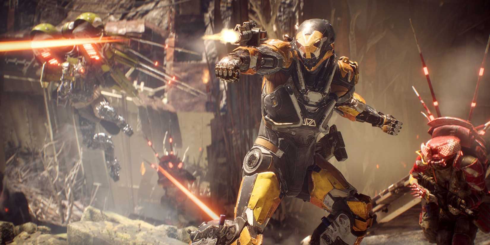 Screenshot from Anthem. It shows a sci-fi soldier firing a gun attached to their wrist. A huge battle can be seen behind them.