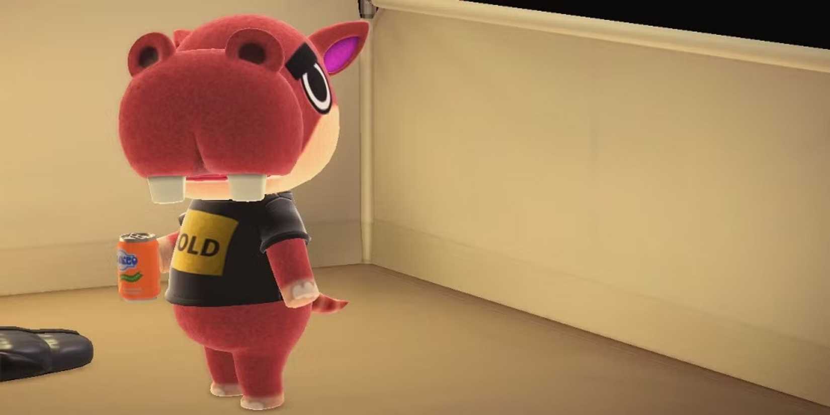 Biff holds a drink while standing in a tent in Animal Crossing New Horizons.