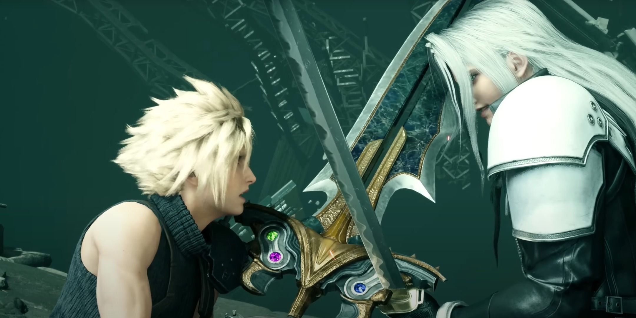 Cloud e Sephiroth em uma batalha épica em Final Fantasy 7 Remake.